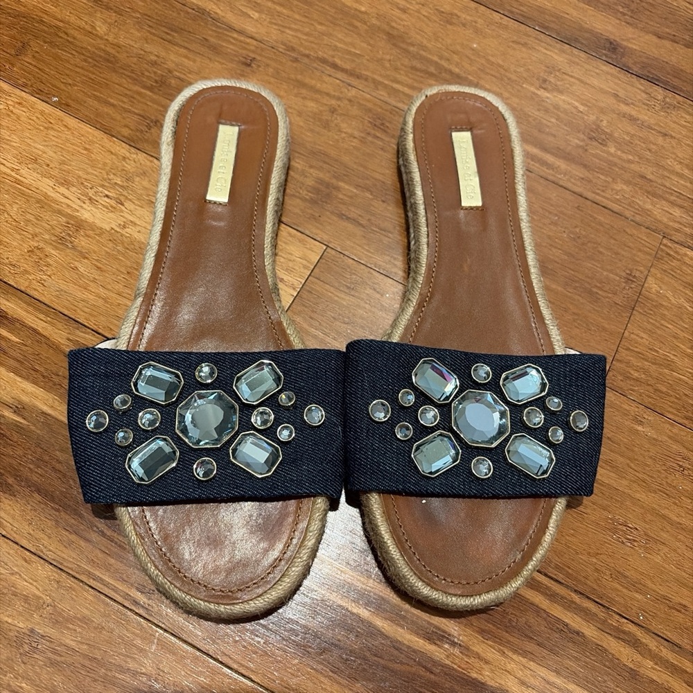 Embellished Navy Denim Slide Sandals